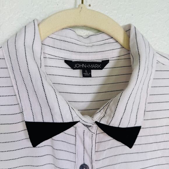 John Mark Top Womens Large Stripe Pinstripe Button Up Tunic Blouse Shirt Classic - Picture 3 of 10